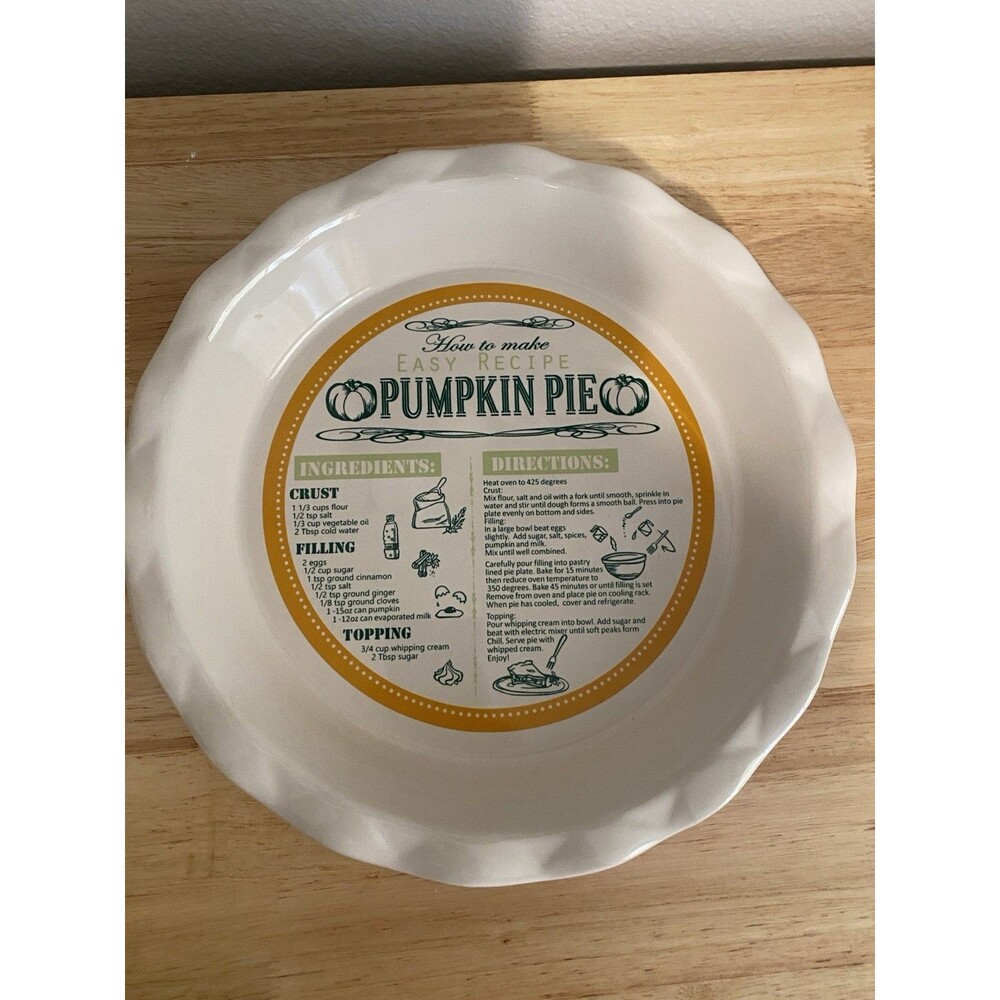Ceramic Pumpkin Pie Plate With Recipe Yellow Pie Pan 11” Round